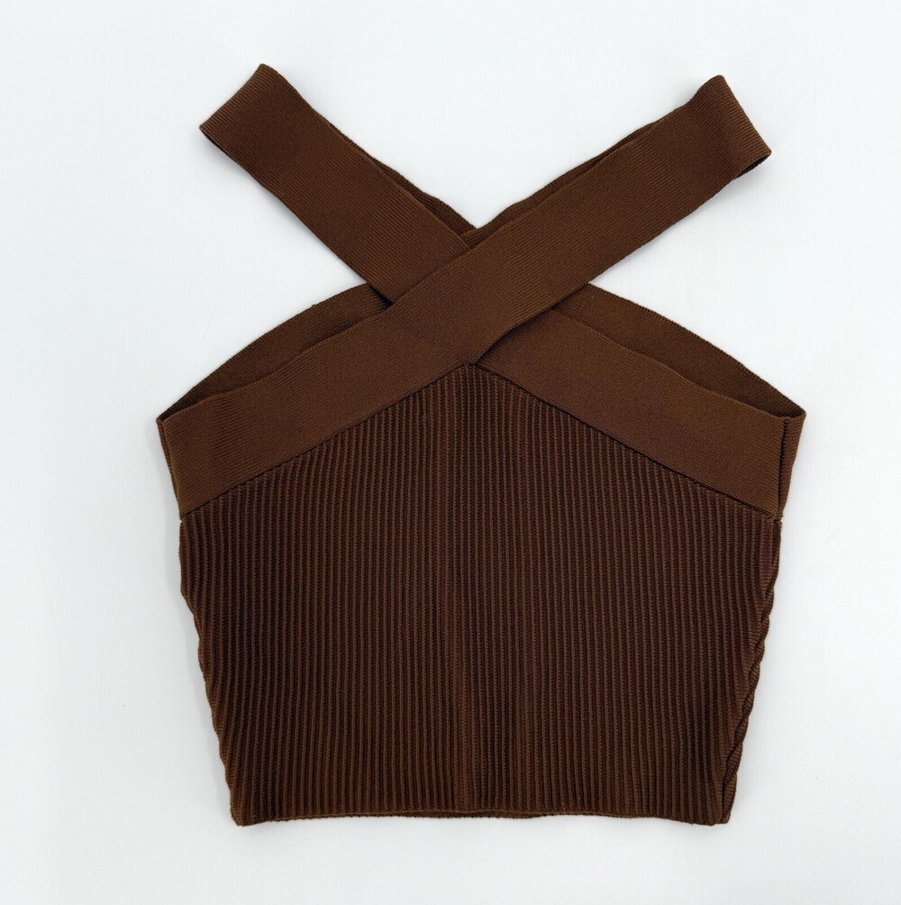 Babaton Tank Top Womens XS Brown Ribbed Knit Criss Cross Crop Aritzia Stretch